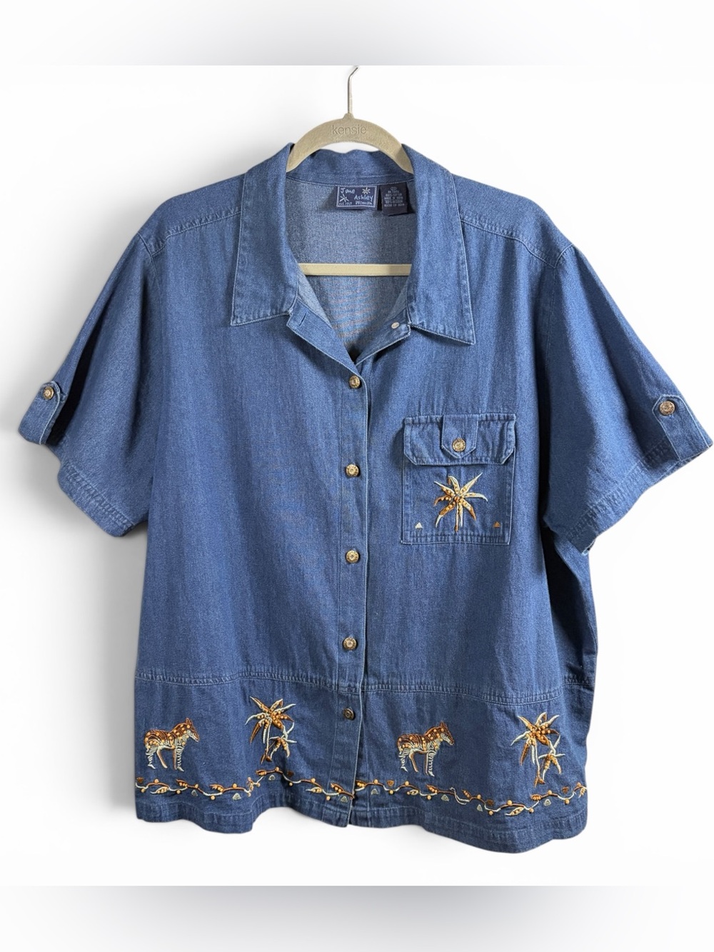 JANE ASHLEY Woman Safari Animal Embroidered Denim Button-Up Short-Sleeve Top, 2X